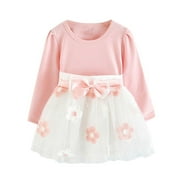 Penkiiy Toddler Kids Baby Girls Long Sleeve Tulle Patchwork Flower Bow Dresses Clothes Dresses for Toddler Girls 6-12 Months On Sale